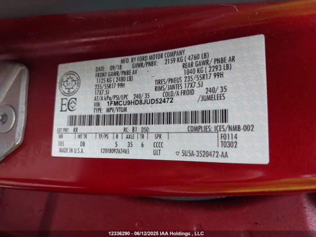 1FMCU9HD8JUD52472 Ford 1.5l gtdi sigma w/premium fuel