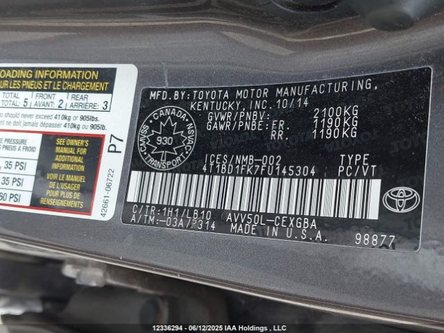 4T1BD1FK7FU145304 Toyota 2ar-fxe+2jm