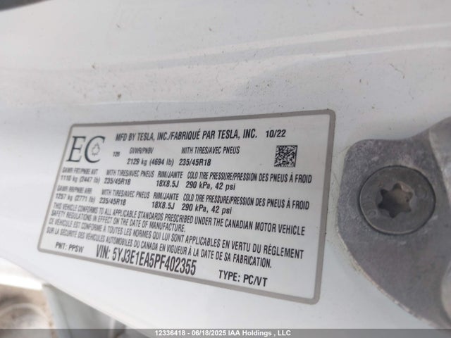 5YJ3E1EA5PF402355 Tesla MODEL 3