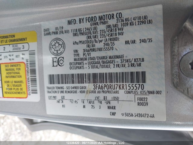 Ford Fusion 2019 3FA6P0RU7KR155570 Image 9