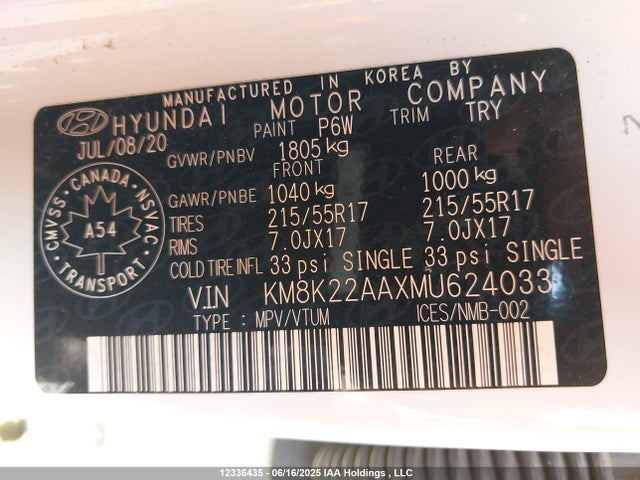 KM8K22AAXMU624033 Hyundai mpi nu