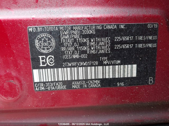 2T3W1RFV3KW017128 Toyota a25a-fks