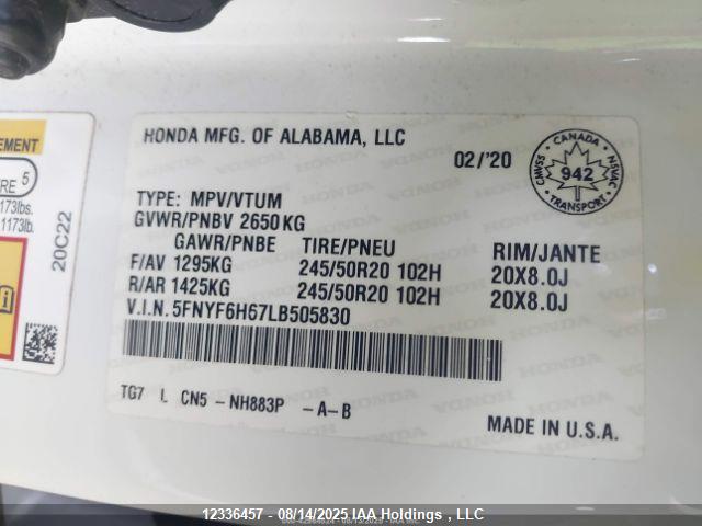 Honda j35y6 2020 5FNYF6H67LB505830 Image 10