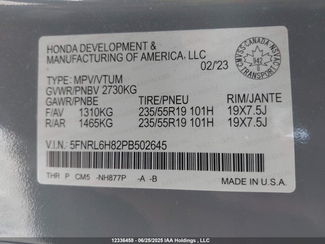 5FNRL6H82PB502645 Honda j35y7