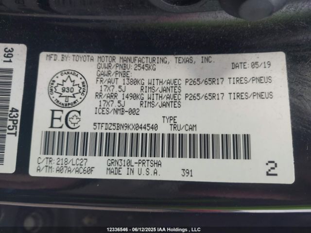 5TFDZ5BN9KX044540 Toyota 2gr-fks