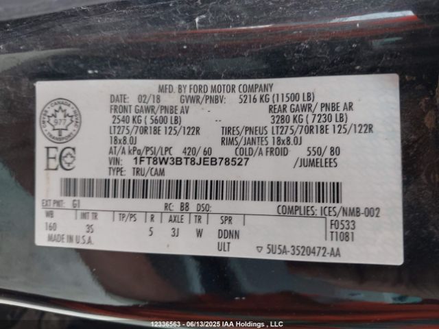 1FT8W3BT8JEB78527 Ford 2018