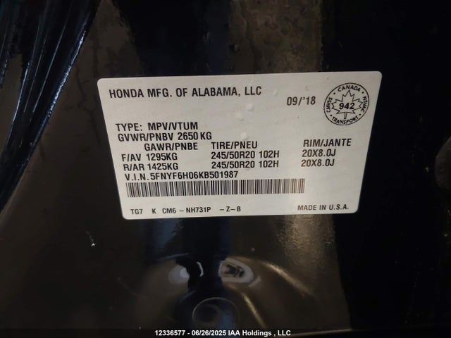 5FNYF6H06KB501987 Honda j35y6