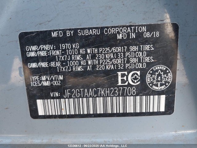 JF2GTAAC7KH237708 Subaru naturally aspirated