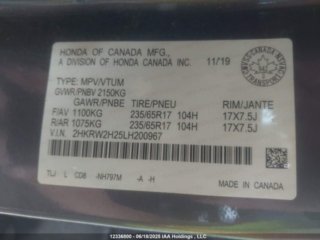 2HKRW2H25LH200967 Honda l15be