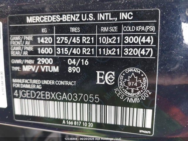 4JGED2EBXGA037055 Mercedes-Benz 2016