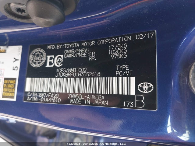 JTDKBRFU1H3552618 Toyota 2zr-fxe,1nm