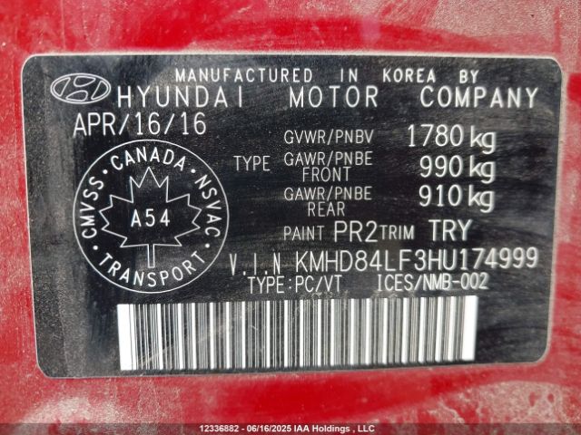 KMHD84LF3HU174999 Hyundai ELANTRA GL