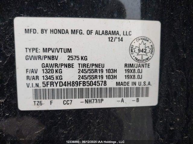 Acura j35y5 2015 5FRYD4H89FB504578 Image 9