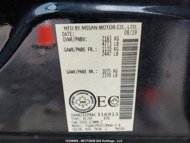 1N4BZ1CP6KC316913 Nissan 2019