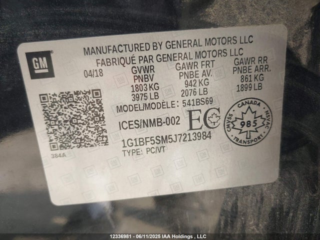 1G1BF5SM5J7213984 Chevrolet le2 -di: direct injection, vvt: variable valve timing, gen, alum
