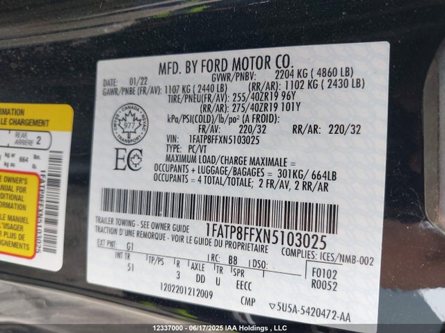 Aukcja sprzedaży 2022 Ford Mustang Gt Premium, vin: 1FATP8FFXN5103025, numer aukcji: 12337000