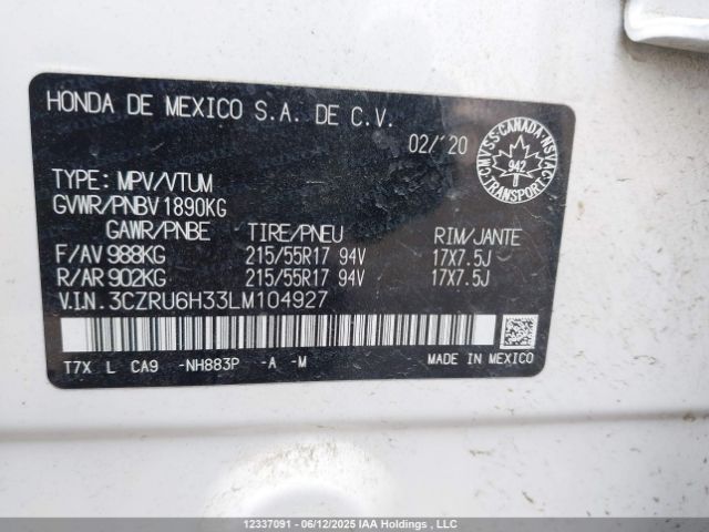 3CZRU6H33LM104927 Honda HR-V LX