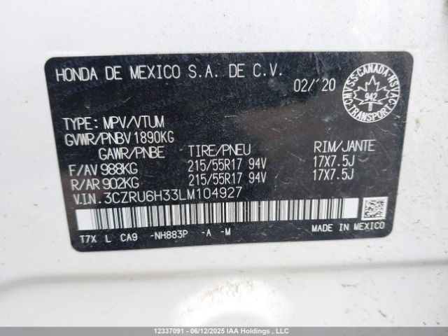 3CZRU6H33LM104927 Honda HR-V LX