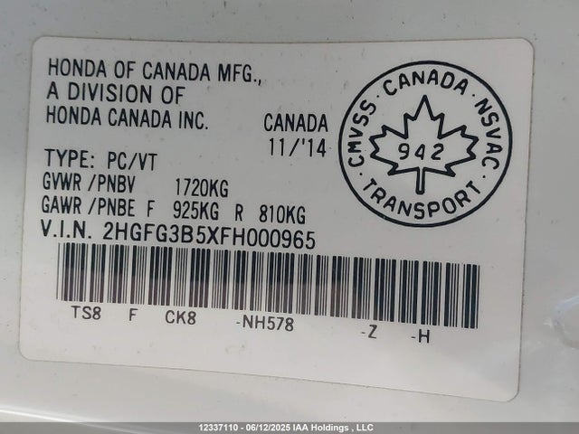 2HGFG3B5XFH000965 Honda r18z1