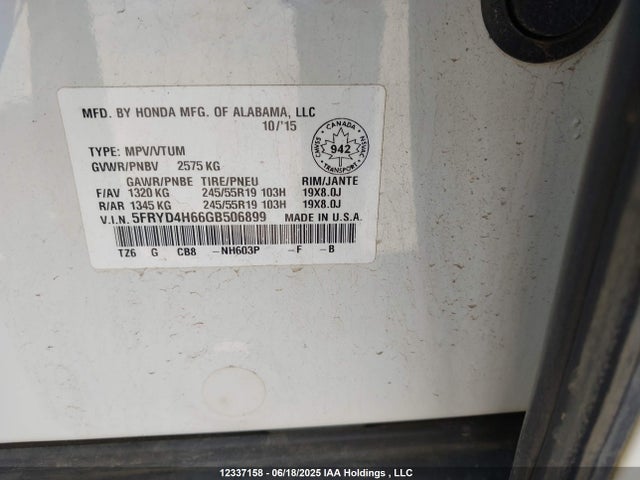 5FRYD4H66GB506899 Acura j35y5