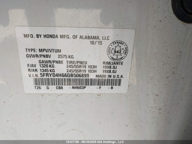 5FRYD4H66GB506899 Acura j35y5