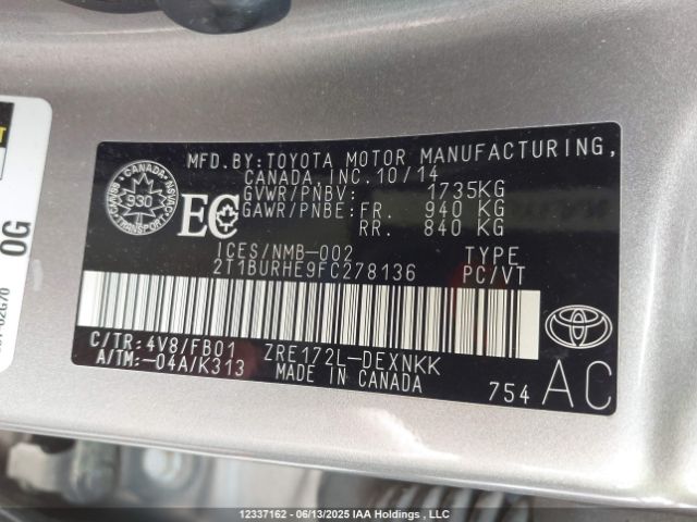 2T1BURHE9FC278136 Toyota 2zr-fe