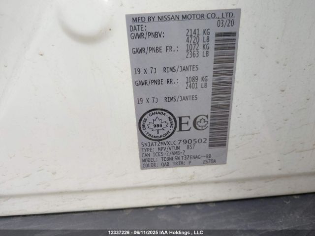 5N1AT2MVXLC790502 Nissan Rogue S/sl/sv