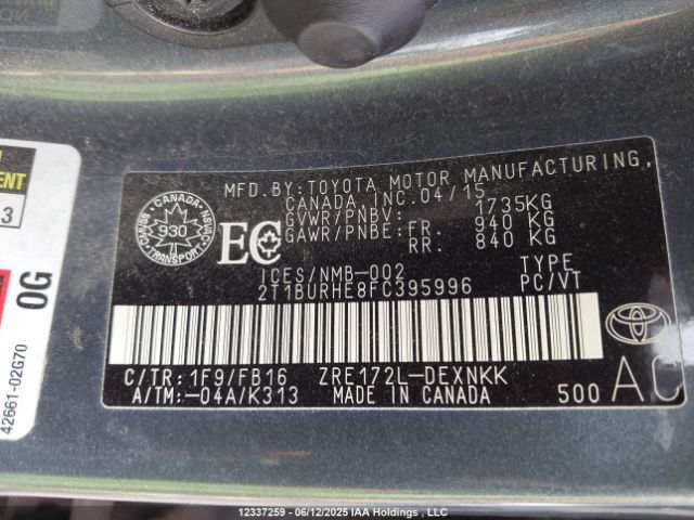 2T1BURHE8FC395996 Toyota COROLLA LE