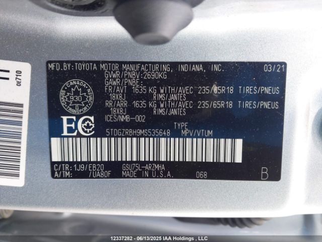 5TDGZRBH9MS535648 Toyota Highlander Xle