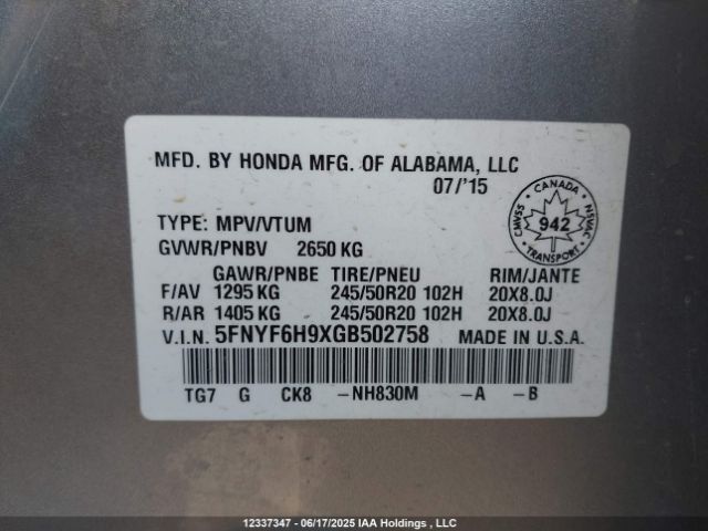 5FNYF6H9XGB502758 Honda Pilot Touring
