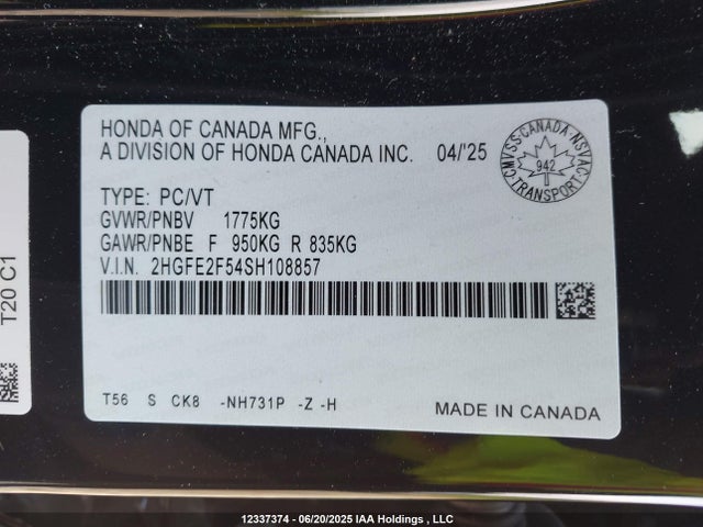 2HGFE2F54SH108857 Honda k20c9