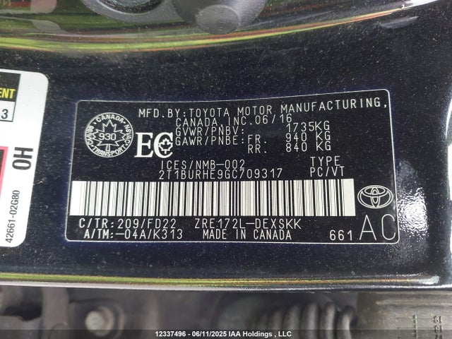 2T1BURHE9GC709317 Toyota 2zr-fe