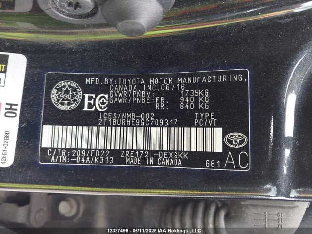 2T1BURHE9GC709317 Toyota 2zr-fe