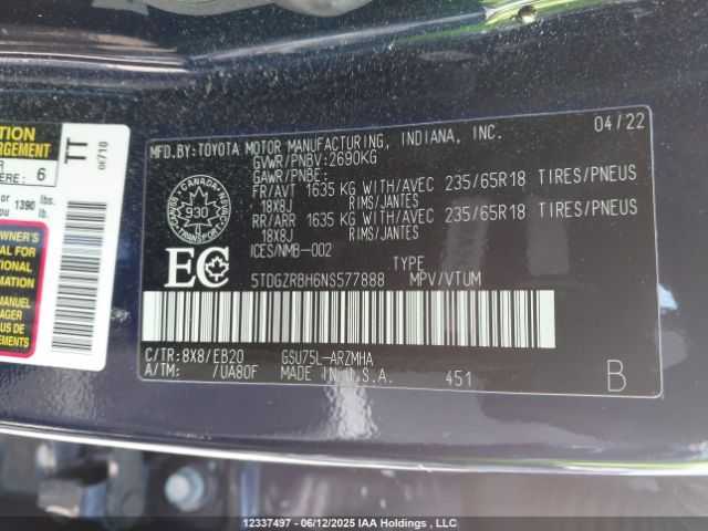 5TDGZRBH6NS577888 Toyota 2gr-fks