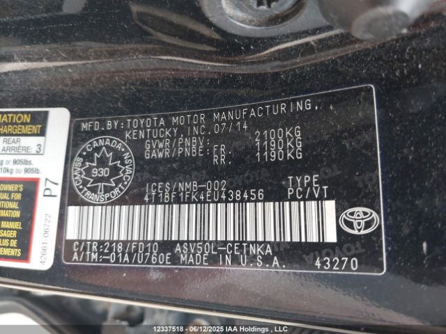 4T1BF1FK4EU438456 Toyota 2ar-fe