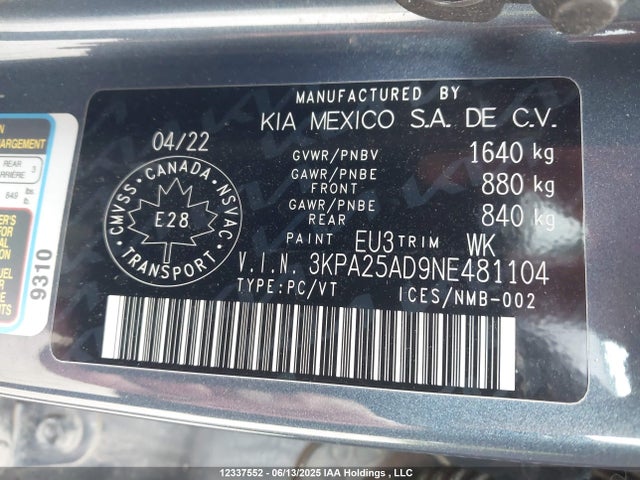 3KPA25AD9NE481104 KIA mpi gamma ii