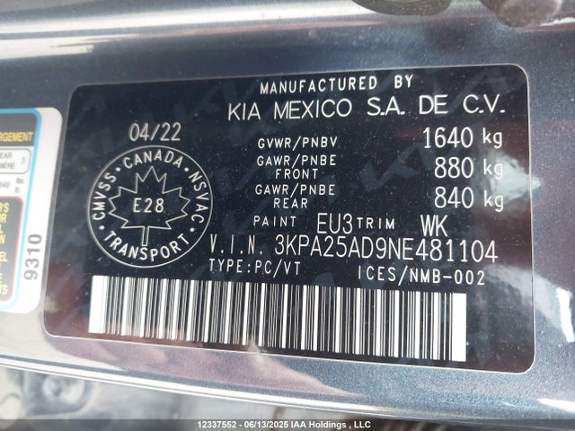 3KPA25AD9NE481104 KIA mpi gamma ii