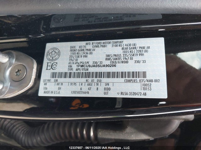 1FMCU9JA0SUA90206 Ford Escape Platinum