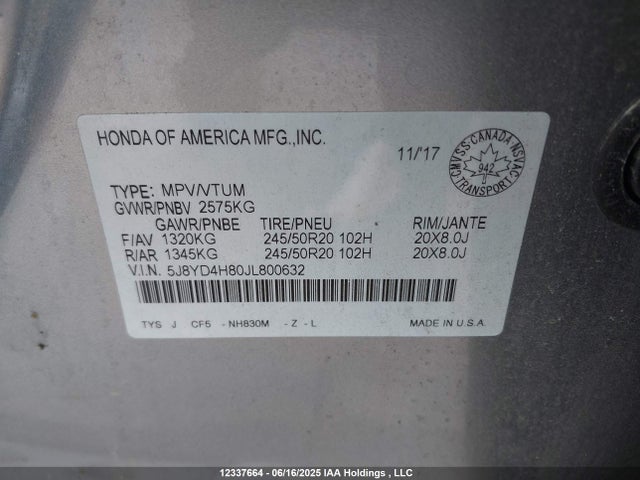 5J8YD4H80JL800632 Acura j35y5