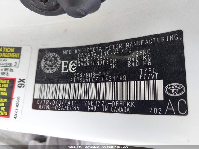 Toyota 2zr-fe 2015 2T1BURHE7FC431189 Image 9