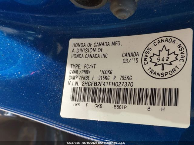 2HGFB2F41FH027370 Honda r18z1