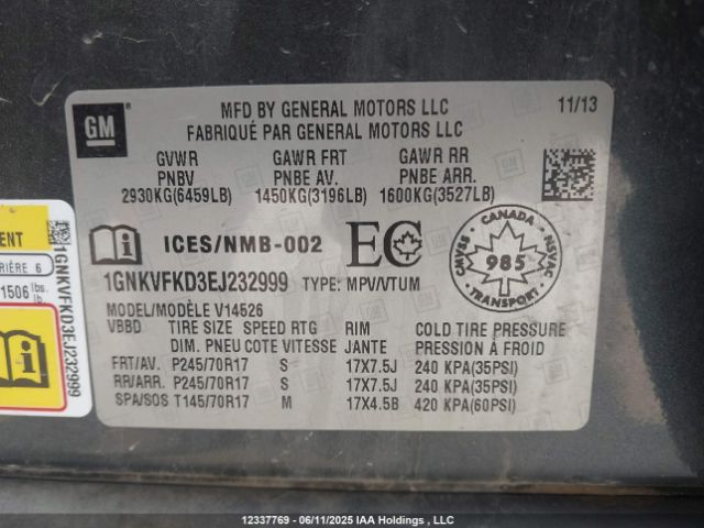 1GNKVFKD3EJ232999 Chevrolet llt