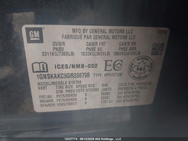 1GNSKAKC9GR338798 Chevrolet l83 - sidi, vvt, afm, e85 max, aluminum