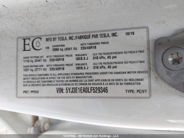 5YJ3E1EA0LF529346 Tesla Model 3 Standard Range Plus