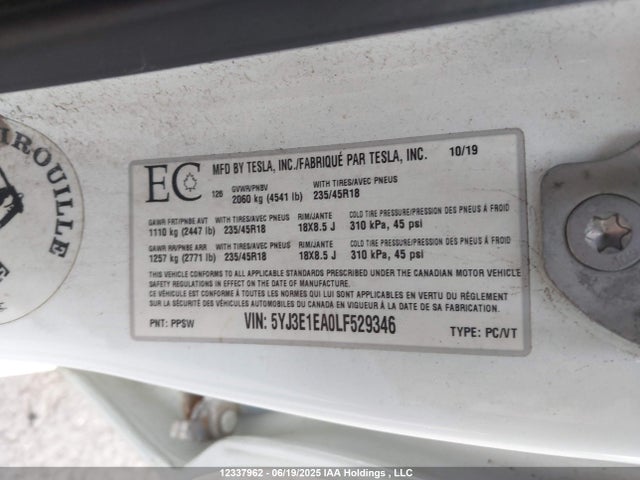 5YJ3E1EA0LF529346 Tesla Model 3 Standard Range Plus
