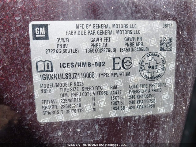 1GKKNULS8JZ119088 GMC lgx - direct injection, variable valve timing, alum, gen 2