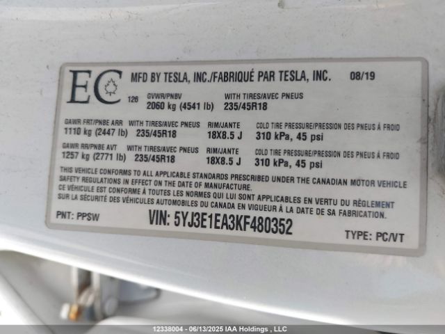 5YJ3E1EA3KF480352 Tesla MODEL 3