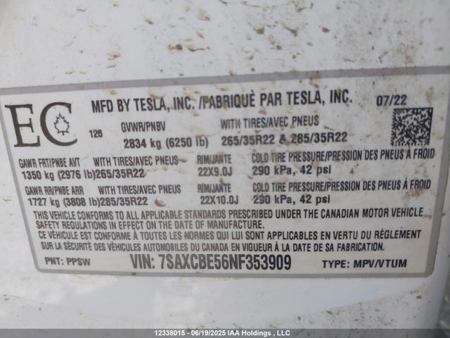7SAXCBE56NF353909 Tesla MODEL X