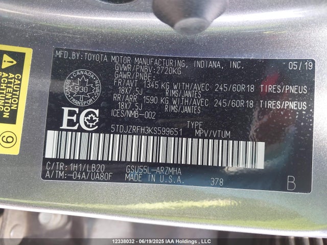 5TDJZRFH3KS599651 Toyota 2gr-fks