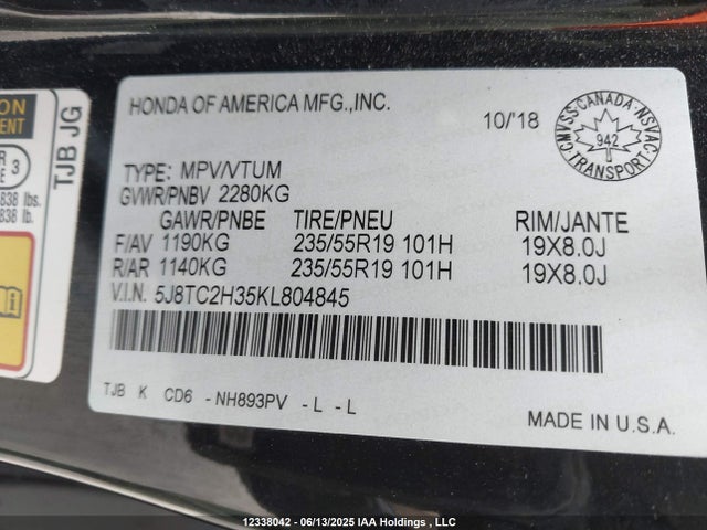 5J8TC2H35KL804845 Acura k20c4